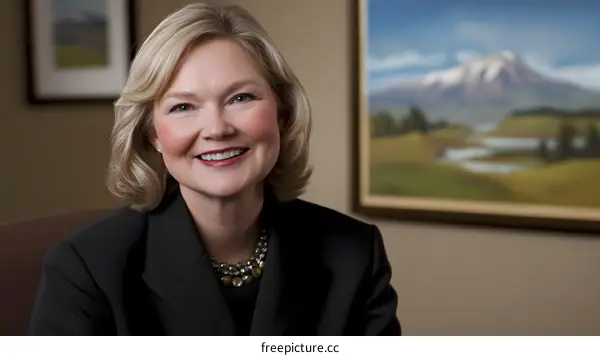 Portrait of a Smiling Woman in a Black Suit