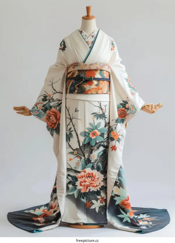A woman wearing a traditional Japanese kimono with a floral pattern