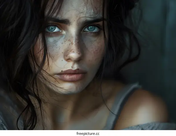Portrait of a woman with freckles and blue eyes