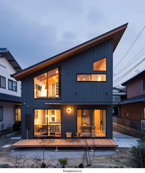 Modern Japanese House with a Unique Slanted Roof Design
