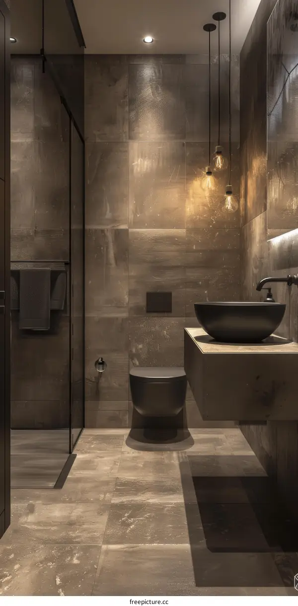 Modern Bathroom with Dark Tiles and Wood Accents