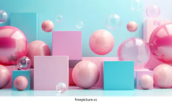 Pink and blue pastel color 3D render of geometric shapes