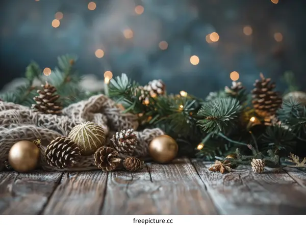 Christmas Decor: Fir Branches, Pine Cones on a Wooden Table