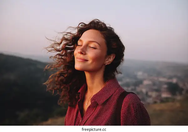 Woman enjoying peaceful view on top of a mountain