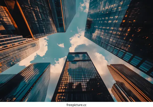 Looking Up at Modern Skyscrapers in the City