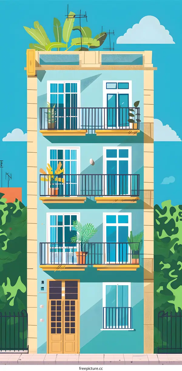 Illustration of a Turquoise Building with Balconies