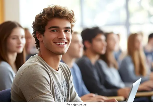 Smiling Student in a Lecture Hall