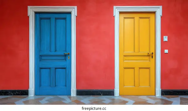 Colorful Doors on a Red Wall