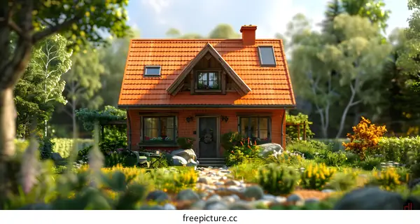 Small cottage surrounded by flowers and greenery