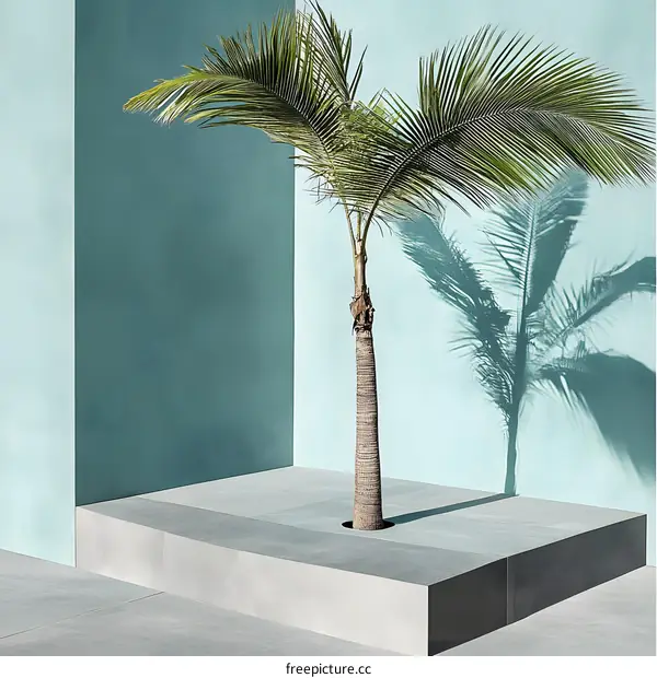 Palm Tree and Blue Wall Minimalist Tropical Design
