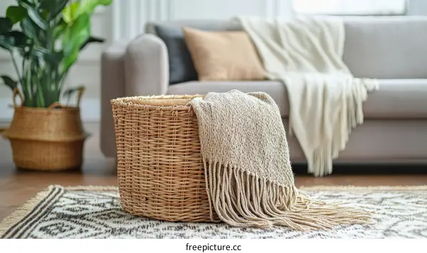 Cozy Living Room Decor with Woven Basket and Throw Blanket