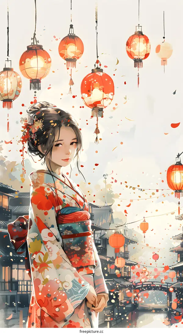 A beautiful Japanese woman in a kimono standing in a street with red lanterns.