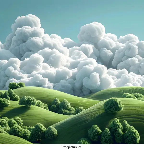 Green rolling hills with white clouds in the background