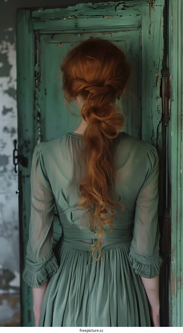 A woman with long red hair wearing a green dress standing in front of a green door
