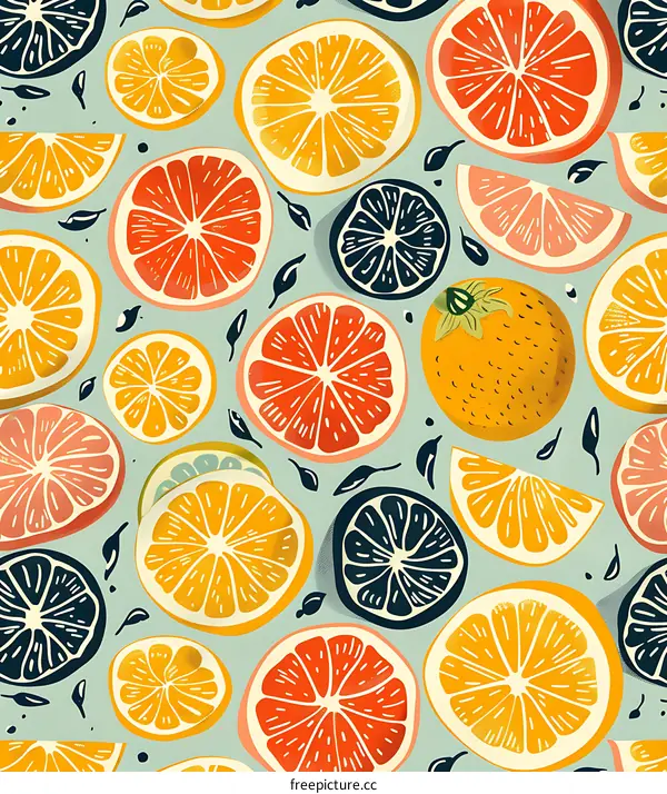 Colorful Fruit Pattern With Sliced Citrus And Leaves