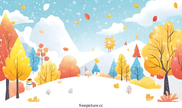 Winter Landscape with Snowy Mountains and Falling Leaves