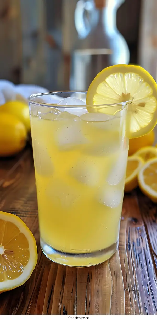 Glass of Lemonade with Lemon Slice and Ice on Wooden Table