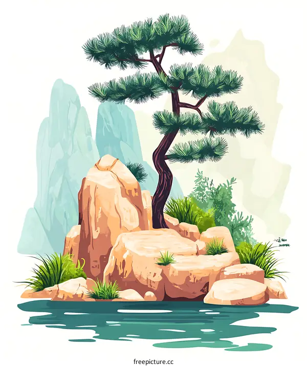 Mountain Landscape with Pine Tree and Water