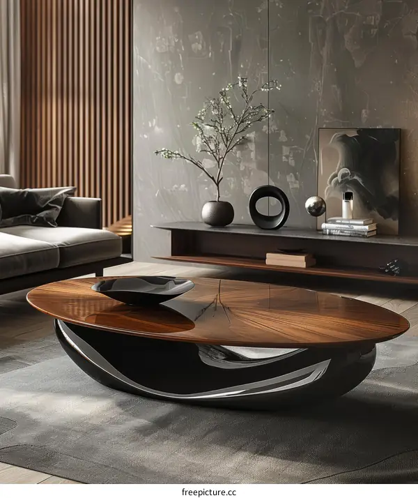 Artistic wooden coffee table with a modern design in a luxury living room interior