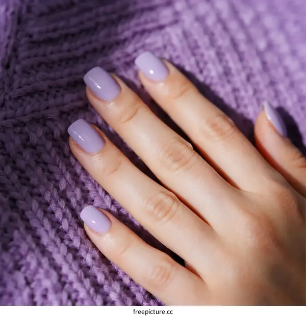 Close-up of woman's hand with lavender nail polish on soft purple sweater