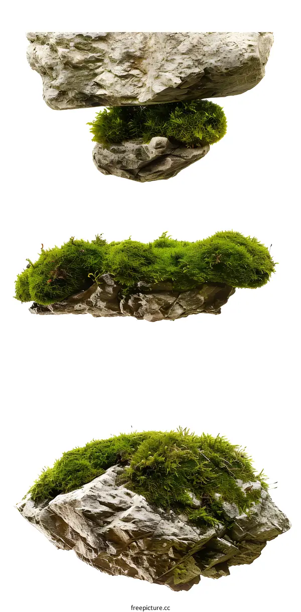 Three Stone Platforms Covered With Green Moss Isolated On White Background