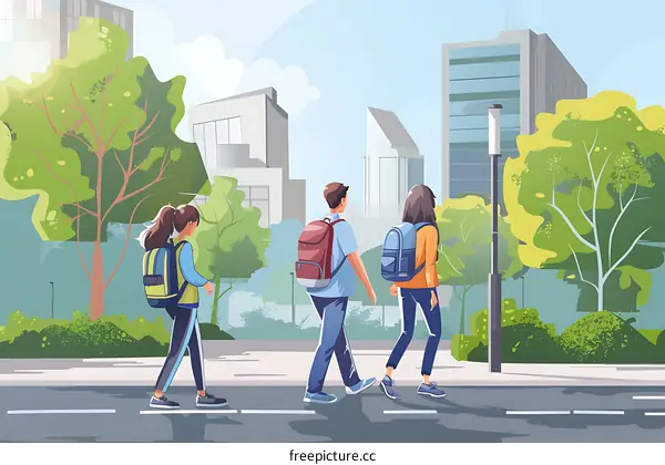 Three Students Walking Down the Street With Backpacks