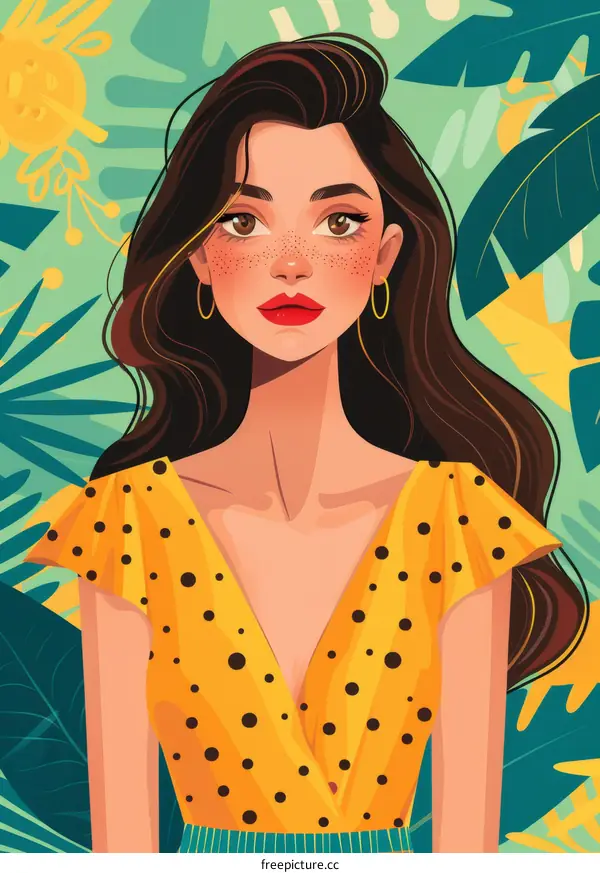 Young Woman with Freckles and Yellow Polka Dot Dress