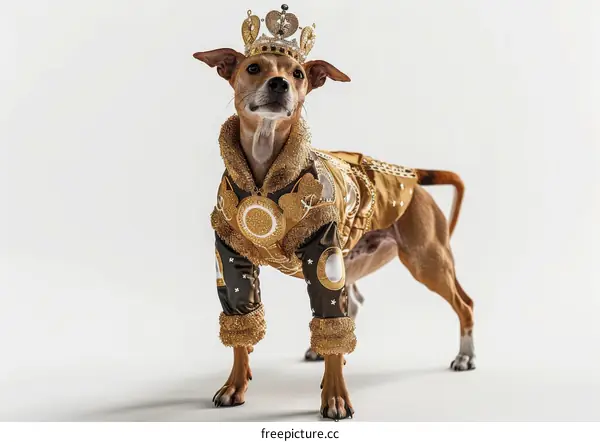 A studio portrait of a dog wearing a gold-colored jacket and a crown