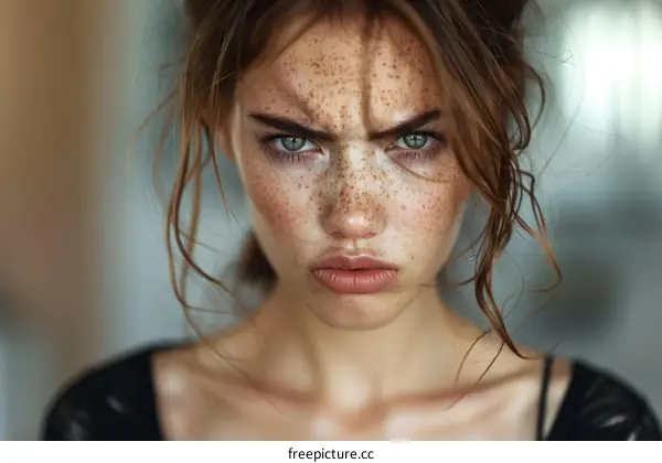 Closeup Portrait of a Woman with Freckles and Angry Expression