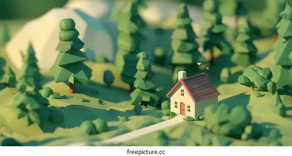 Low Poly House In Forest