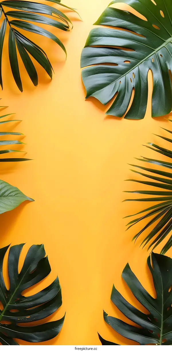 Tropical Leaves on Yellow Background