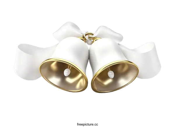 [Transparent Background PNG]Pair of White Bells with Gold Accents and Ribbons