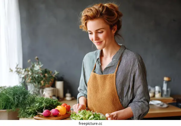 Woman Preparing a Fresh Vegetable Salad in Kitchen