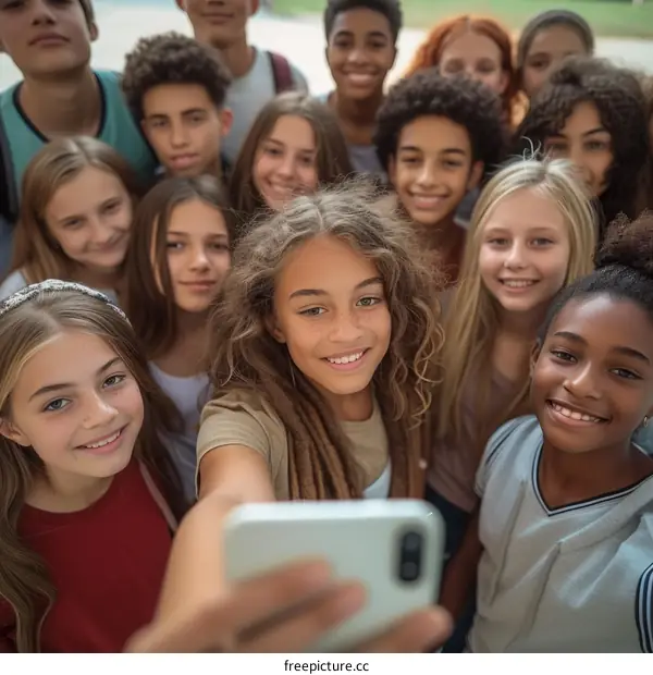 A group of teenagers taking a selfie