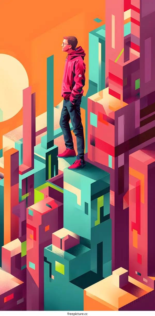 Man in Red Jacket Standing on Abstract Cityscape