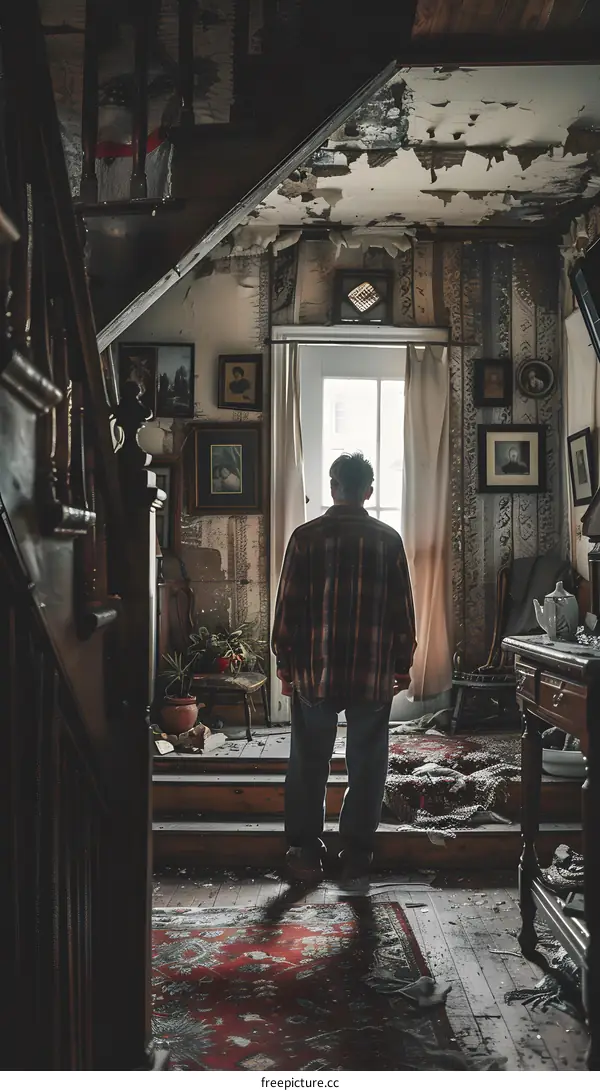 Man standing in a room with a broken window
