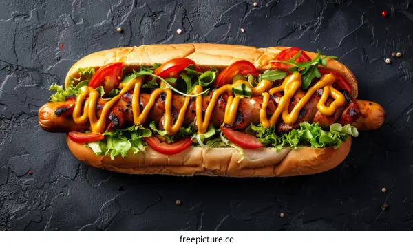 Hotdog with mustard, tomatoes, lettuce and arugula