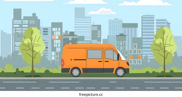 Orange Delivery Van Cityscape Illustration