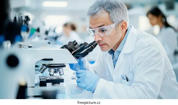 Focused Scientist Examining Sample Under Microscope in Lab