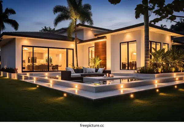 Modern luxury house exterior with pool and landscaping