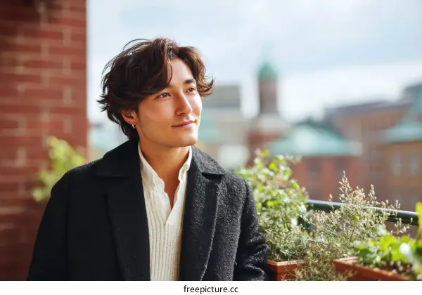 Asian Man Posing on Balcony with City View