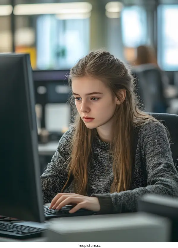Young Woman Working on Computer in Office