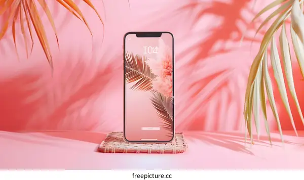 Pink Background With Smartphone And Palm Leaves