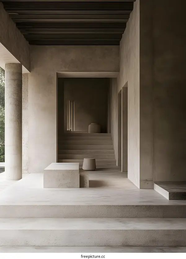 Minimalist Architecture with Concrete Stairs and Columns