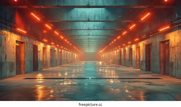 Futuristic empty parking garage with bright red lights
