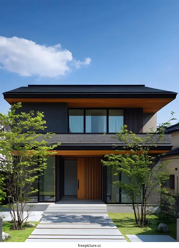 Modern House with Wooden Accent and Stone Exterior