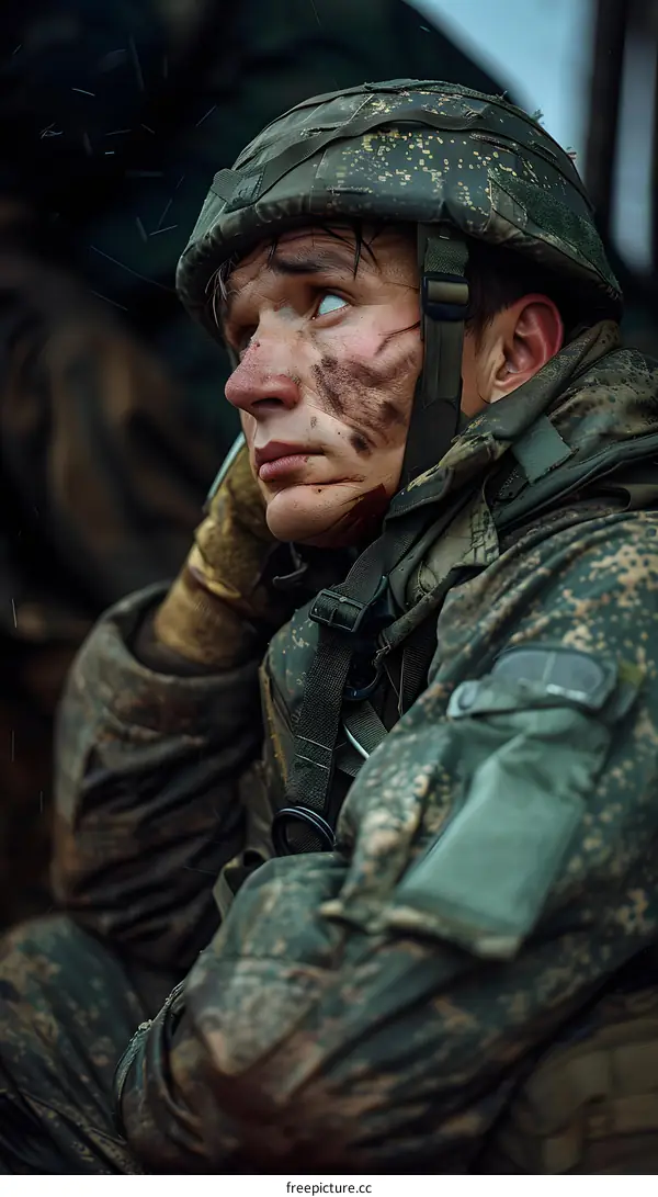 A soldier wearing a camouflage helmet and uniform looks off into the distance, lost in thought.