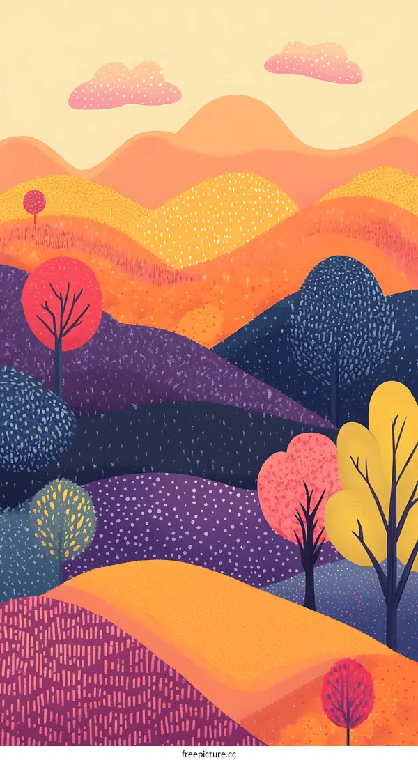 Colorful Abstract Landscape Illustration with Hills and Trees