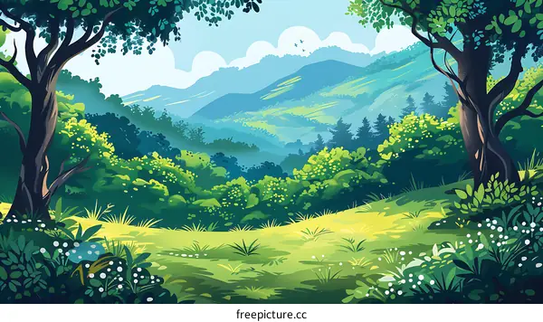 Green Forest Landscape with Mountains in the Background