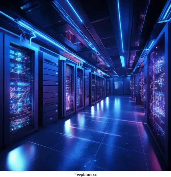 Futuristic data center with glowing neon lights and supercomputers